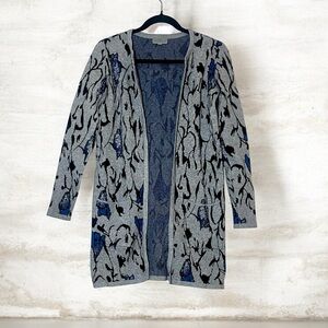 Joseph A Women’s Long Open Front Gray Cardigan Sweater with Blue Floral Design